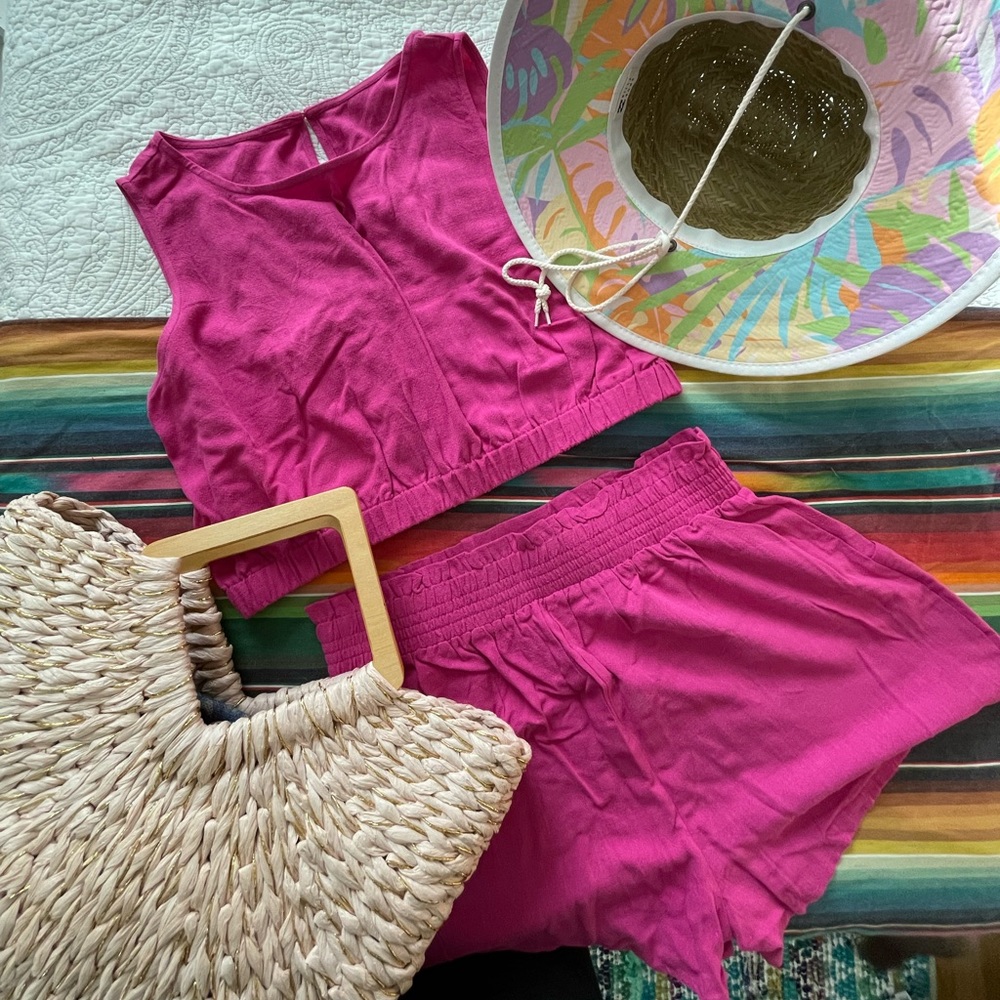 Fuchsia Linen Crop Top Short Set XL, NWT